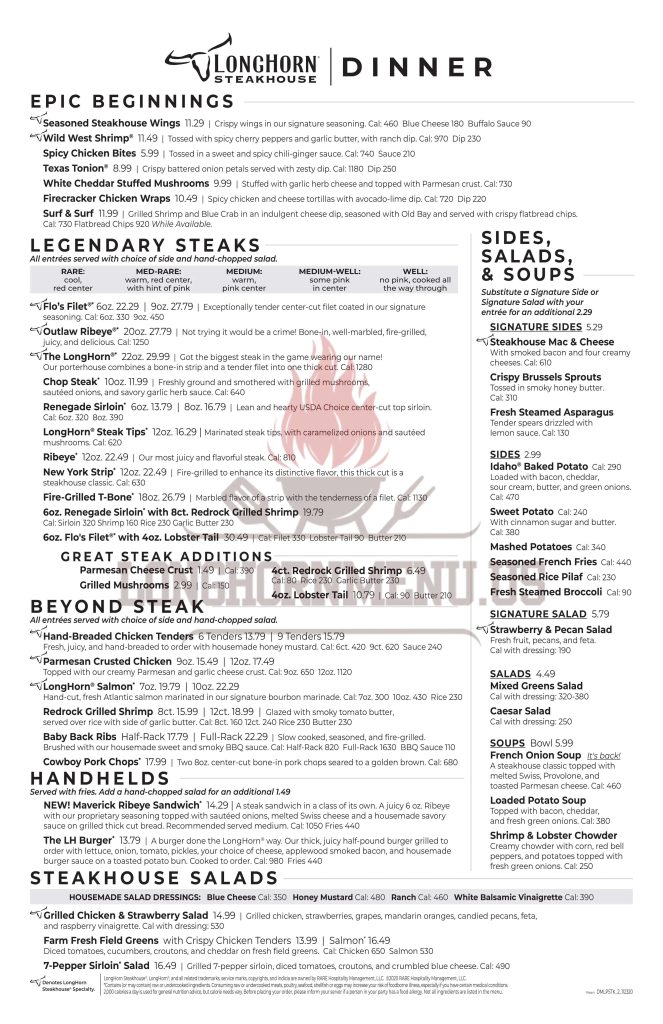 Longhorn Dinner Menu
