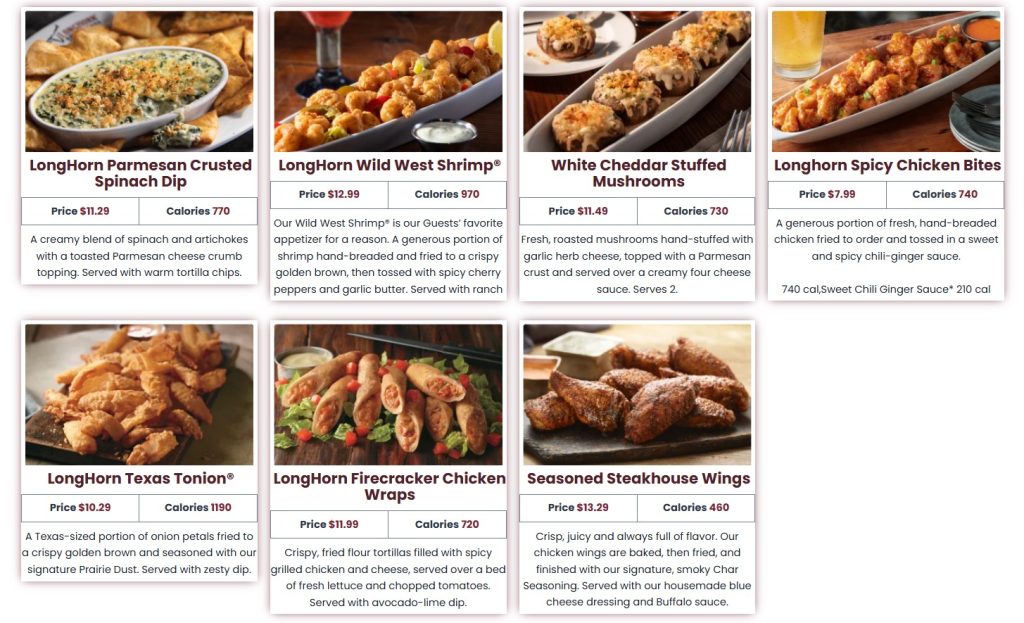 longhorn steakhouse Appetizers Menu With Prices